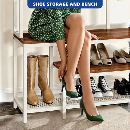 Industrial Entryway Bench with Coat Rack, 5-in-1 Hall Tree with Shoes Storage