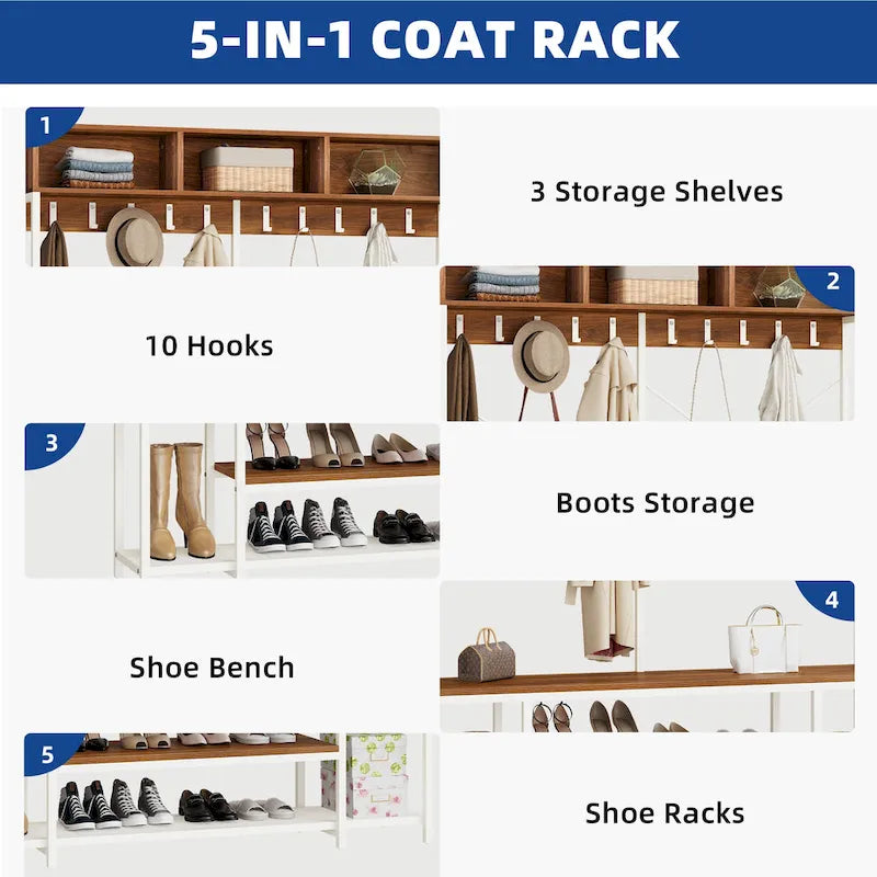 Industrial Entryway Bench with Coat Rack, 5-in-1 Hall Tree with Shoes Storage