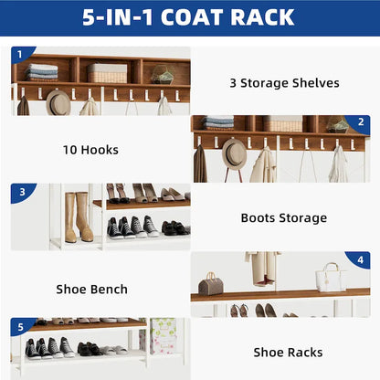 Industrial Entryway Bench with Coat Rack, 5-in-1 Hall Tree with Shoes Storage