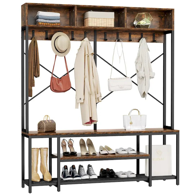 Industrial Entryway Bench with Coat Rack, 5-in-1 Hall Tree with Shoes Storage