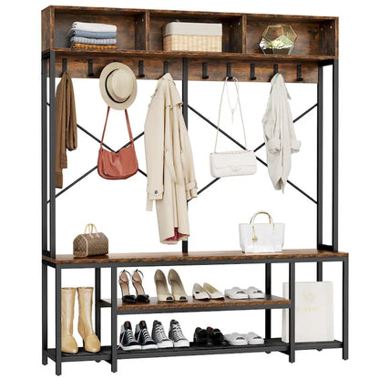 Industrial Entryway Bench with Coat Rack, 5-in-1 Hall Tree with Shoes Storage
