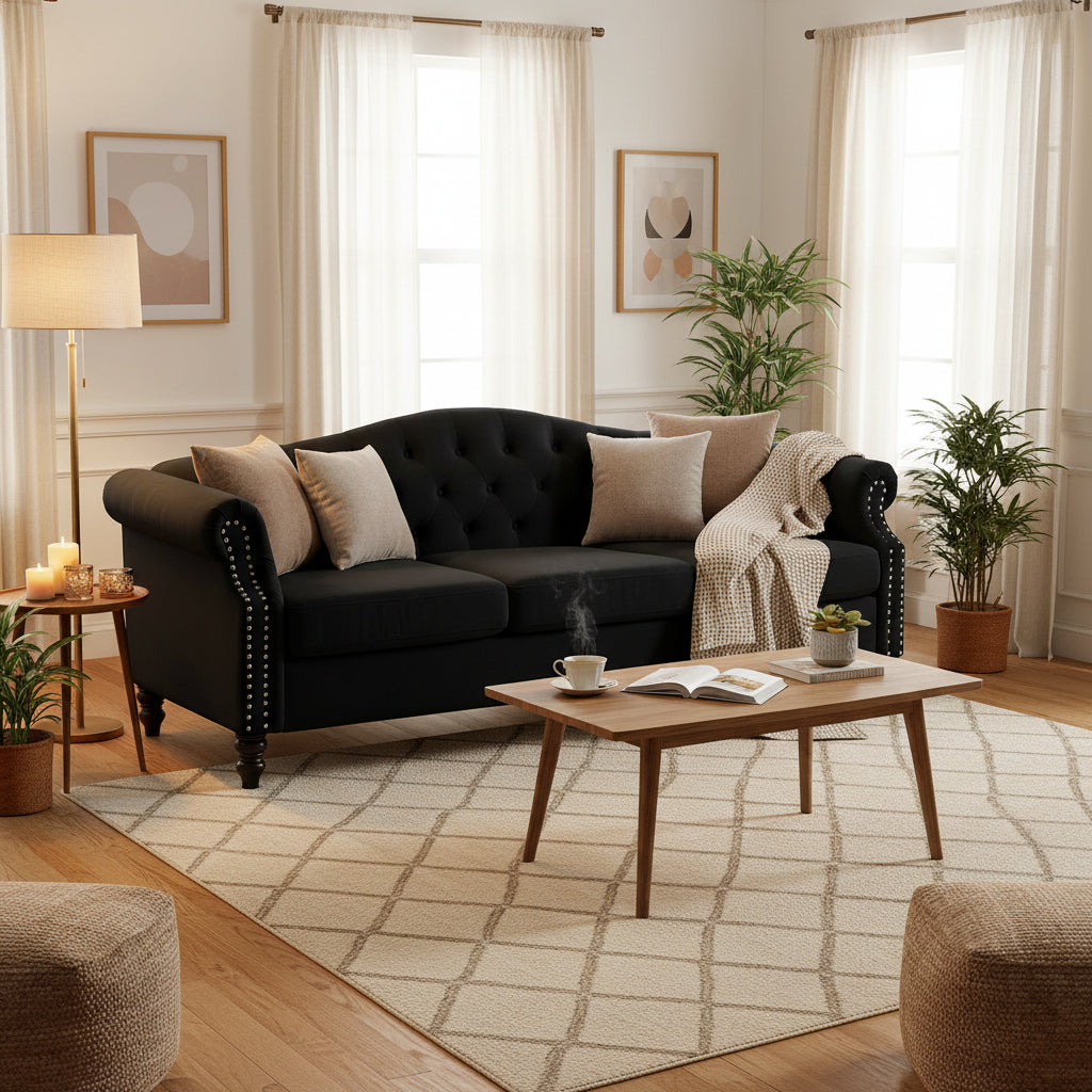 Made of black velvet, suitable for the living room. Three-seater sofa with tufted fabric, rolled-edge armrests, and studded details.