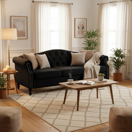Made of black velvet, suitable for the living room. Three-seater sofa with tufted fabric, rolled-edge armrests, and studded details.