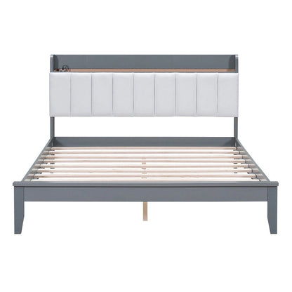 Platform Bed with USB Charging Station and Storage Upholstered Headboard,LED Bed Frame,No Box Spring Needed