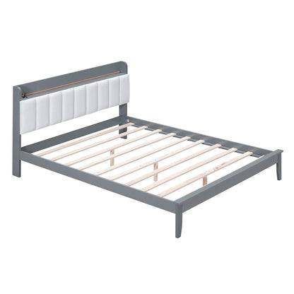 Platform Bed with USB Charging Station and Storage Upholstered Headboard,LED Bed Frame,No Box Spring Needed