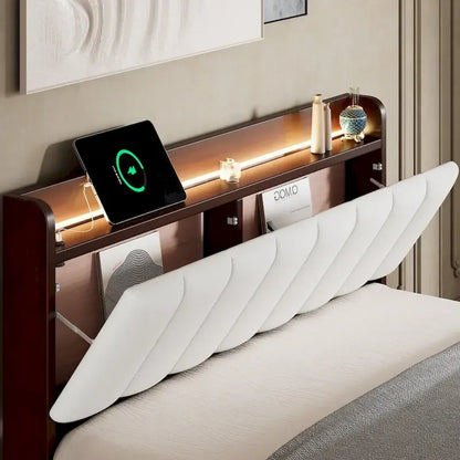 Platform Bed with USB Charging Station and Storage Upholstered Headboard,LED Bed Frame,No Box Spring Needed