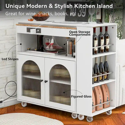 Kitchen Island With Extended Table and LED Lights