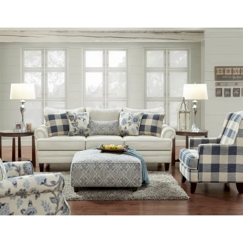 Cream and blue upholstered chairs