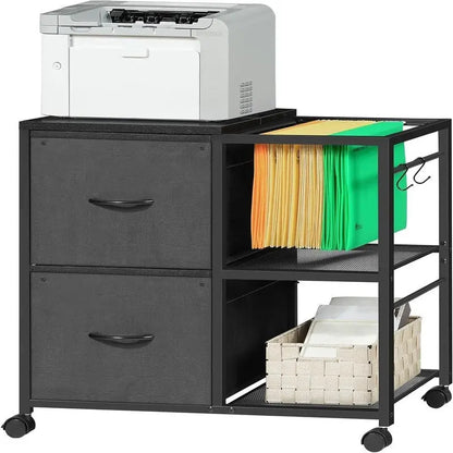 Double-drawer fabric pull-out filing cabinet, dimensions: 15.4 inches (D) x 27.9 inches (W) x 25.8 inches (H).