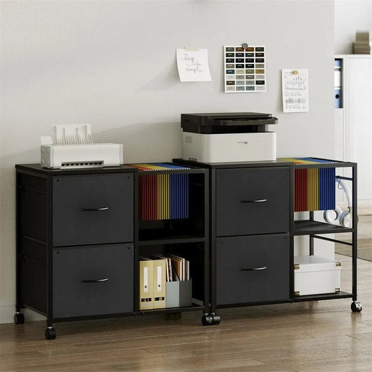 Double-drawer fabric pull-out filing cabinet, dimensions: 15.4 inches (D) x 27.9 inches (W) x 25.8 inches (H).