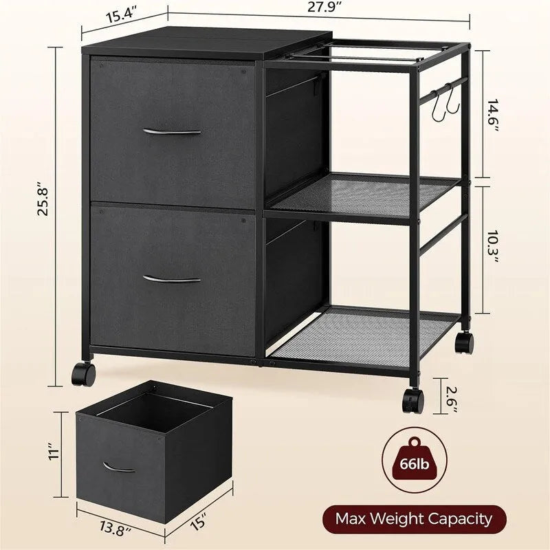 Double-drawer fabric pull-out filing cabinet, dimensions: 15.4 inches (D) x 27.9 inches (W) x 25.8 inches (H).