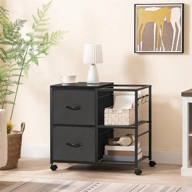 Double-drawer fabric pull-out filing cabinet, dimensions: 15.4 inches (D) x 27.9 inches (W) x 25.8 inches (H).