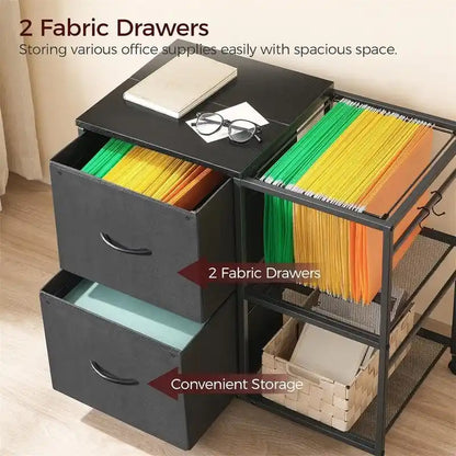 Double-drawer fabric pull-out filing cabinet, dimensions: 15.4 inches (D) x 27.9 inches (W) x 25.8 inches (H).