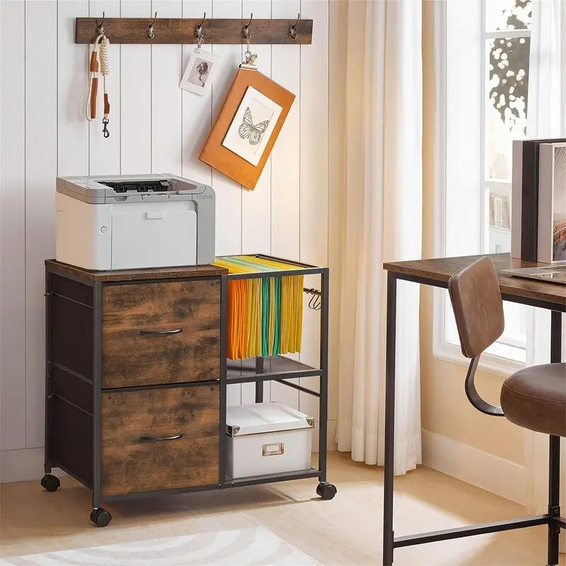 Double-drawer fabric pull-out filing cabinet, dimensions: 15.4 inches (D) x 27.9 inches (W) x 25.8 inches (H).