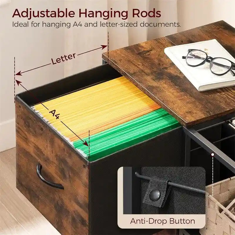 Double-drawer fabric pull-out filing cabinet, dimensions: 15.4 inches (D) x 27.9 inches (W) x 25.8 inches (H).