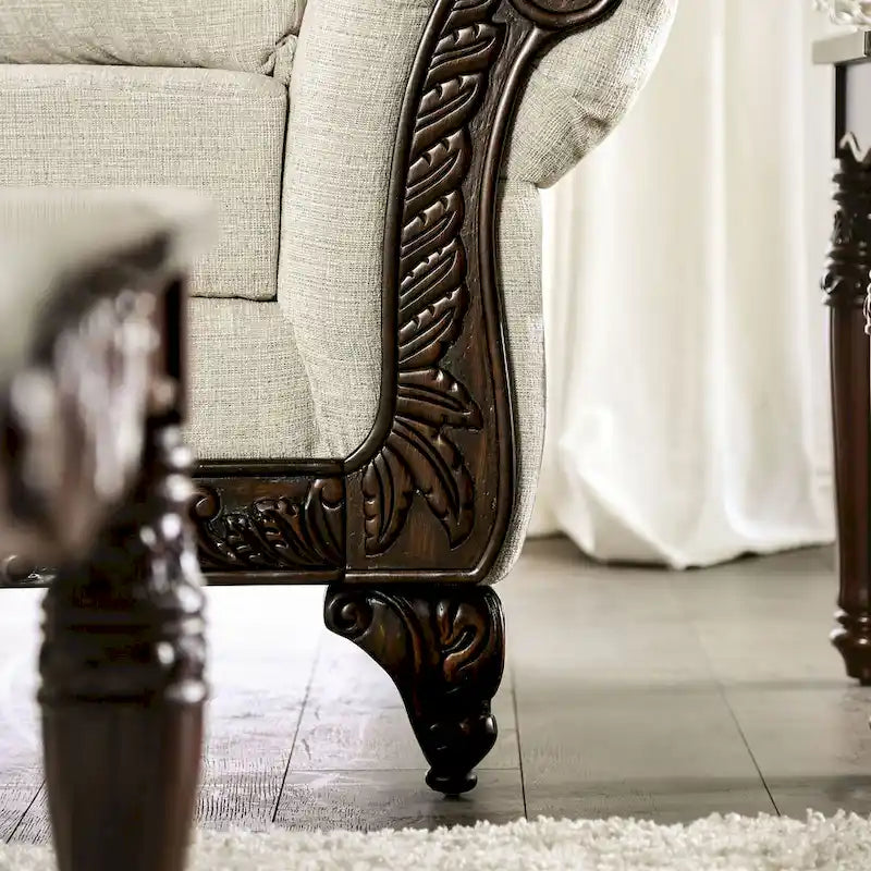 Traditional light gray chenille upholstered roll-up armchair