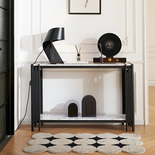 2 Tier Faux Marbling Console Table, Living Room Sofa Table, Modern Narrow Entryway Table, Hallway Entrance Table