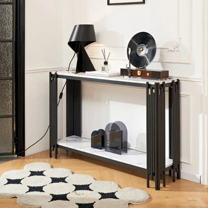 2 Tier Faux Marbling Console Table, Living Room Sofa Table, Modern Narrow Entryway Table, Hallway Entrance Table