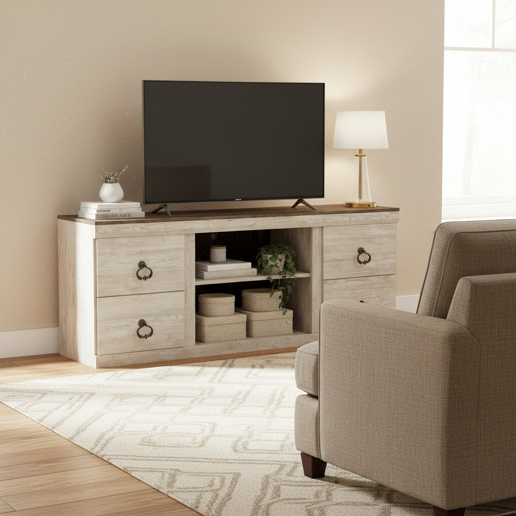 60 Inch Rustic TV Media Entertainment Console, Round Handles, Wood, White