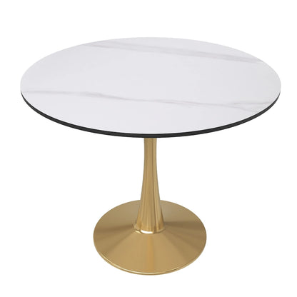 31 Round Dining Table for 4 with MDF Wood Tabletop in Gold Steel Base for Kitchen & Dining Room