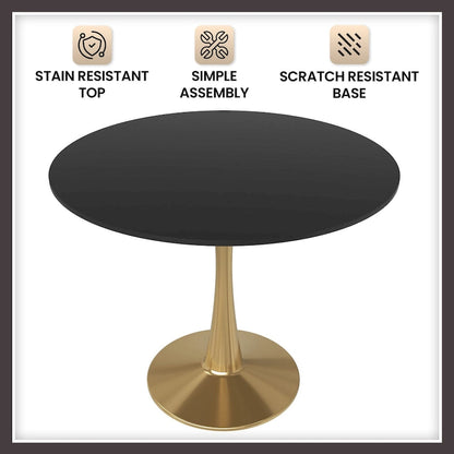 31 Round Dining Table for 4 with MDF Wood Tabletop in Gold Steel Base for Kitchen & Dining Room