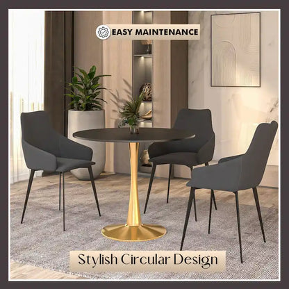31 Round Dining Table for 4 with MDF Wood Tabletop in Gold Steel Base for Kitchen & Dining Room