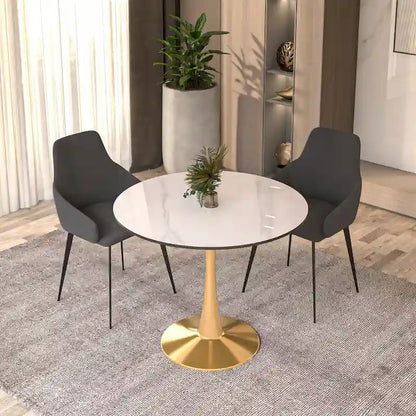 31 Round Dining Table for 4 with MDF Wood Tabletop in Gold Steel Base for Kitchen & Dining Room