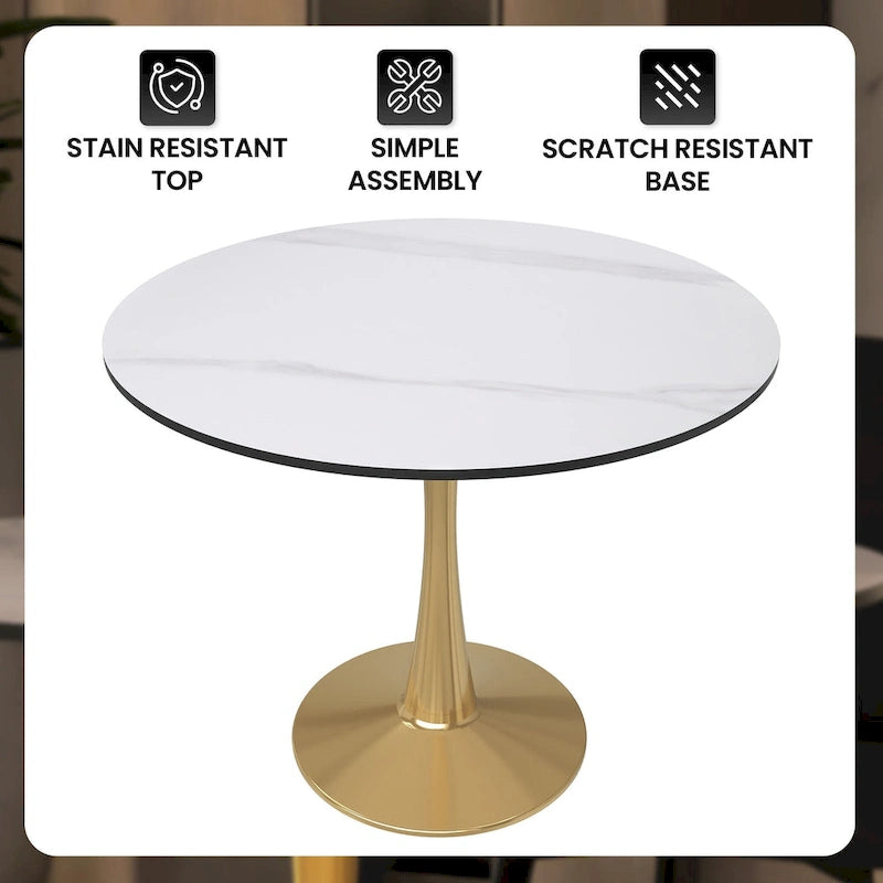 31 Round Dining Table for 4 with MDF Wood Tabletop in Gold Steel Base for Kitchen & Dining Room