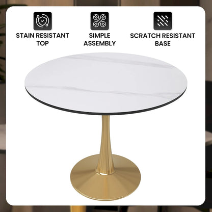 31 Round Dining Table for 4 with MDF Wood Tabletop in Gold Steel Base for Kitchen & Dining Room