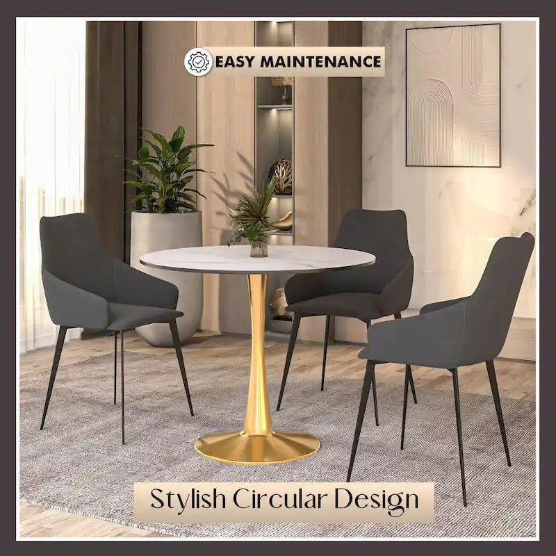 31 Round Dining Table for 4 with MDF Wood Tabletop in Gold Steel Base for Kitchen & Dining Room