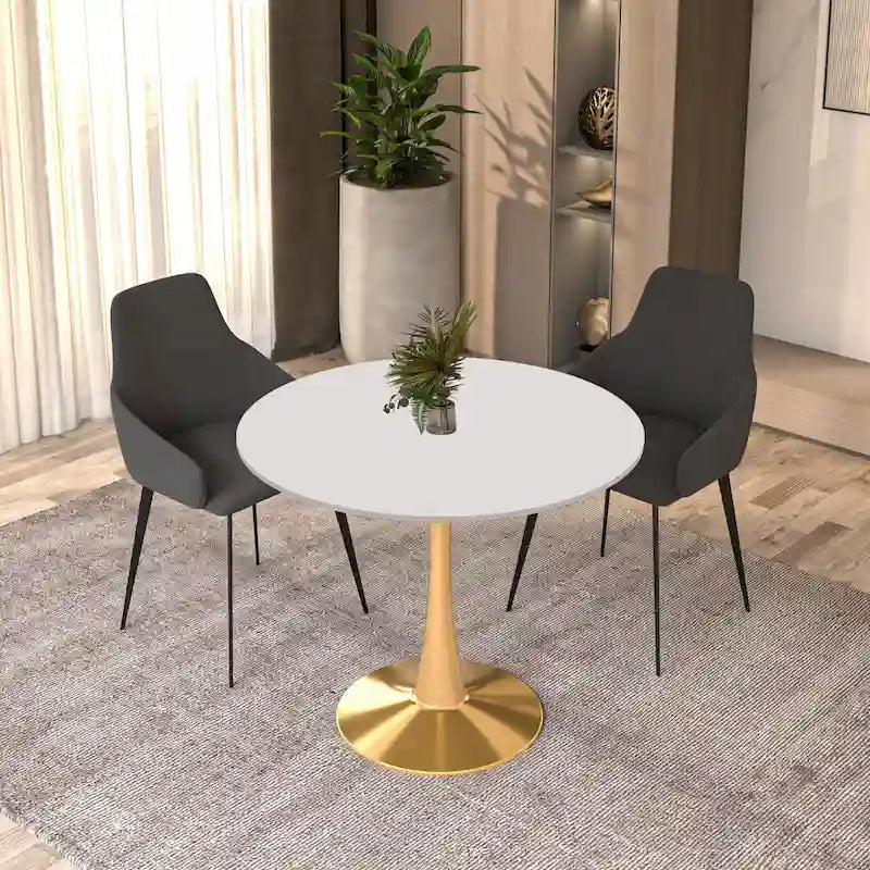 31 Round Dining Table for 4 with MDF Wood Tabletop in Gold Steel Base for Kitchen & Dining Room