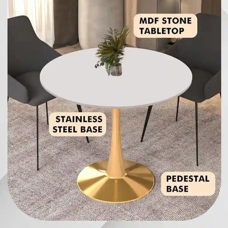 31 Round Dining Table for 4 with MDF Wood Tabletop in Gold Steel Base for Kitchen & Dining Room