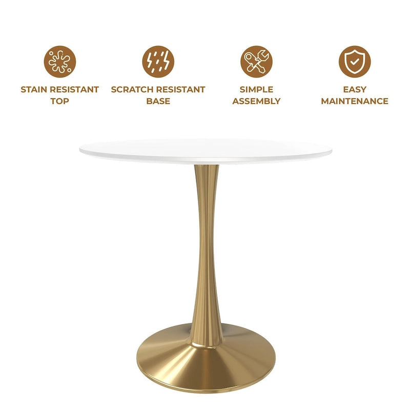31 Round Dining Table for 4 with MDF Wood Tabletop in Gold Steel Base for Kitchen & Dining Room