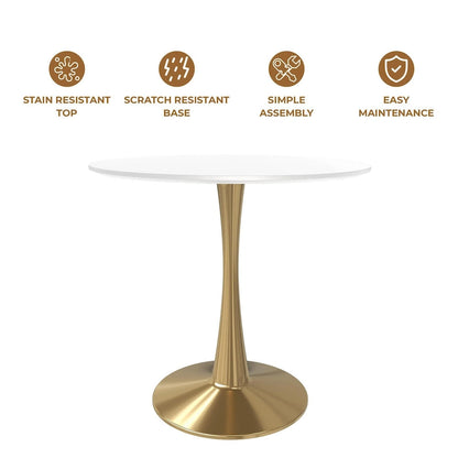 31 Round Dining Table for 4 with MDF Wood Tabletop in Gold Steel Base for Kitchen & Dining Room
