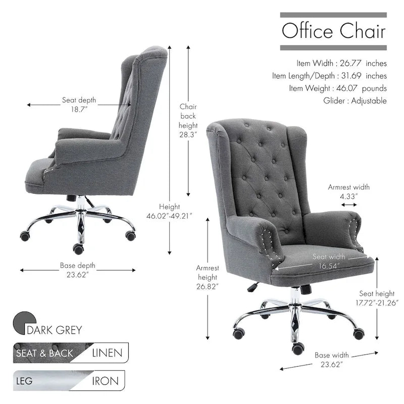 Wingback Office Chair For Desk, Linen Upholstery
