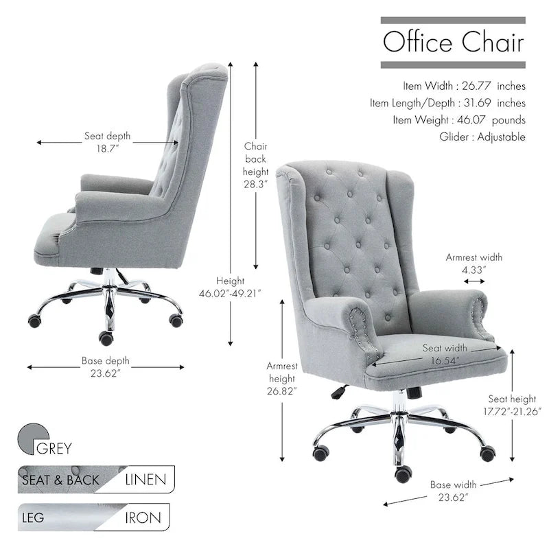 Wingback Office Chair For Desk, Linen Upholstery