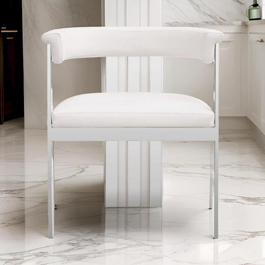 25 Inch Dining Chair, White Faux Leather, Stainless Steel Frame